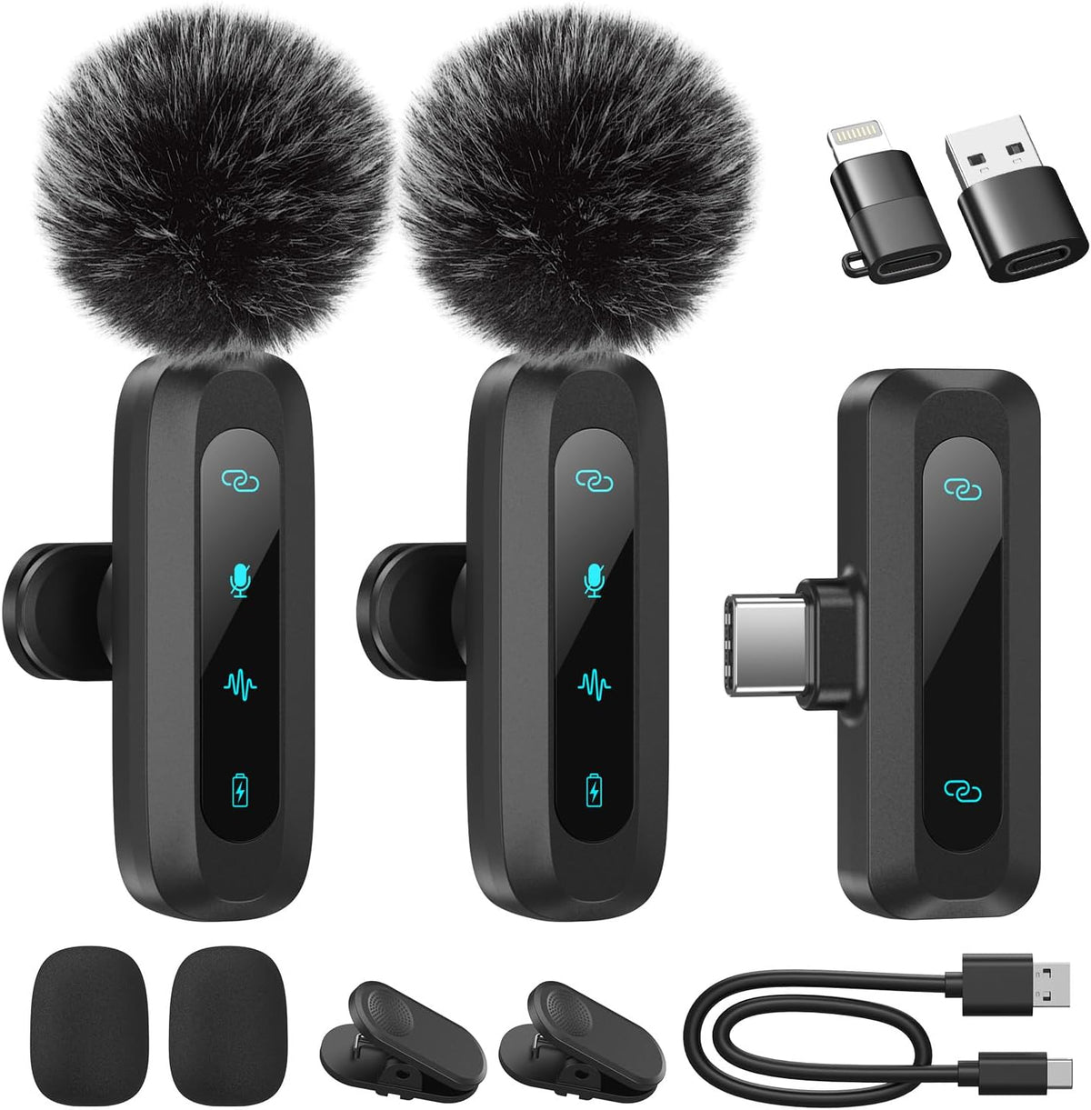 Wireless lavalier microphone for iPhone, iPad, and Android phones; 2-pack of mini-microphones featuring noise reduction, automatic pairing, mute, and reverb functions for vlogging and video recording.