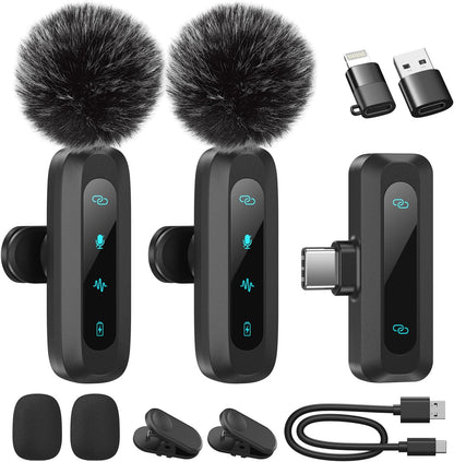 Wireless lavalier microphone for iPhone, iPad, and Android phones; 2-pack of mini-microphones featuring noise reduction, automatic pairing, mute, and reverb functions for vlogging and video recording.