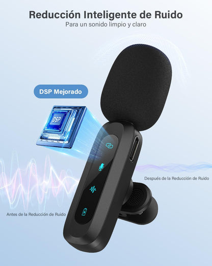 Wireless lavalier microphone for iPhone, iPad, and Android phones; 2-pack of mini-microphones featuring noise reduction, automatic pairing, mute, and reverb functions for vlogging and video recording.