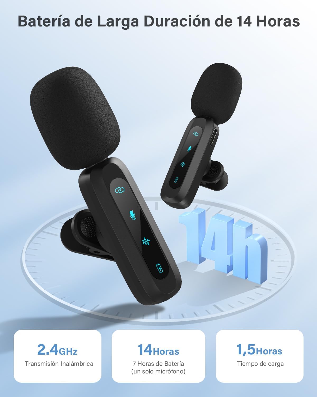 Wireless lavalier microphone for iPhone, iPad, and Android phones; 2-pack of mini-microphones featuring noise reduction, automatic pairing, mute, and reverb functions for vlogging and video recording.