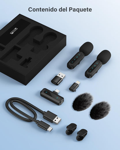 Wireless lavalier microphone for iPhone, iPad, and Android phones; 2-pack of mini-microphones featuring noise reduction, automatic pairing, mute, and reverb functions for vlogging and video recording.